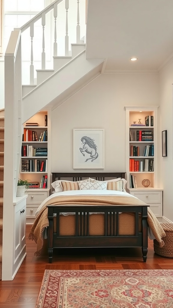 Cozy bedroom with built-in bookshelves beneath staircase, showcasing books and decor.