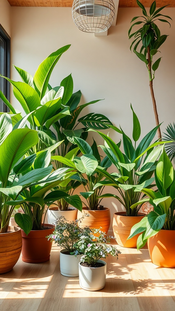 A collection of various air-purifying house plants in pots, vibrant leaves illuminated by sunlight.