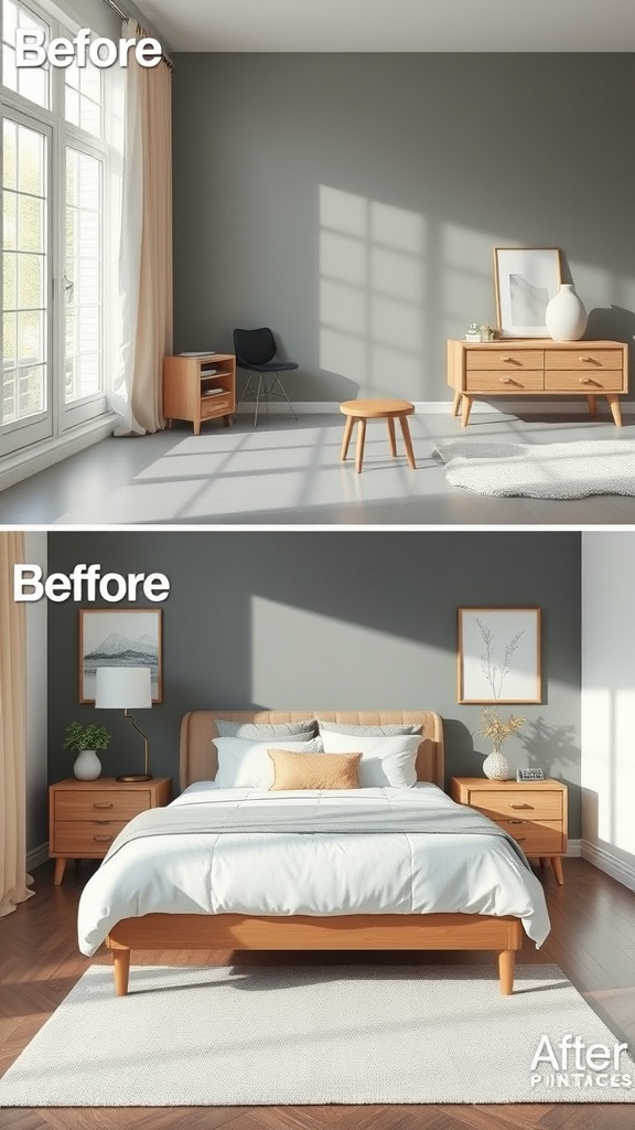 Before and after comparison of a room with latex paint and clear coat