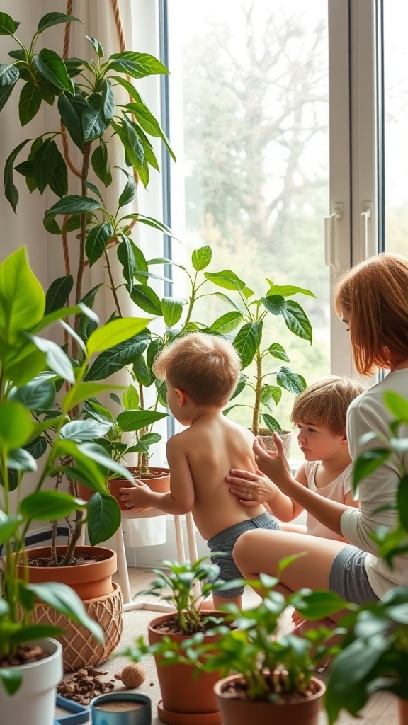 A parent and two children interacting with non-toxic house plants indoors.