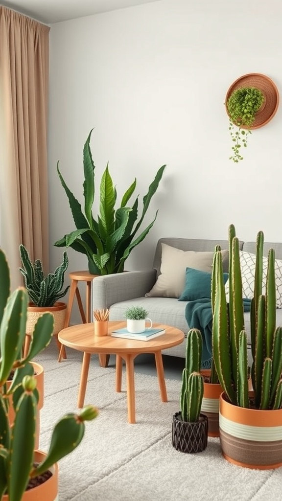 A cozy living room with various cacti in decorative pots, showcasing a warm and inviting atmosphere.
