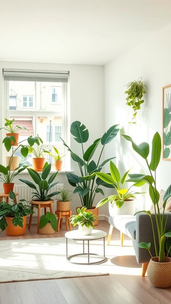 A bright living room filled with various non-toxic house plants in stylish pots, showcasing a cozy and inviting atmosphere.