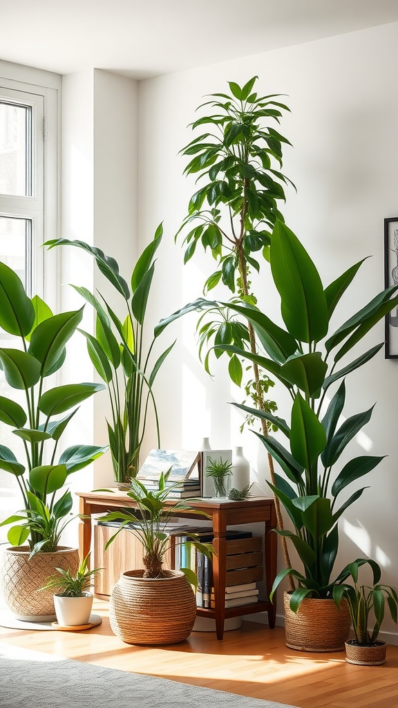 A cozy living space with tall house plants, a wooden table, and natural light.