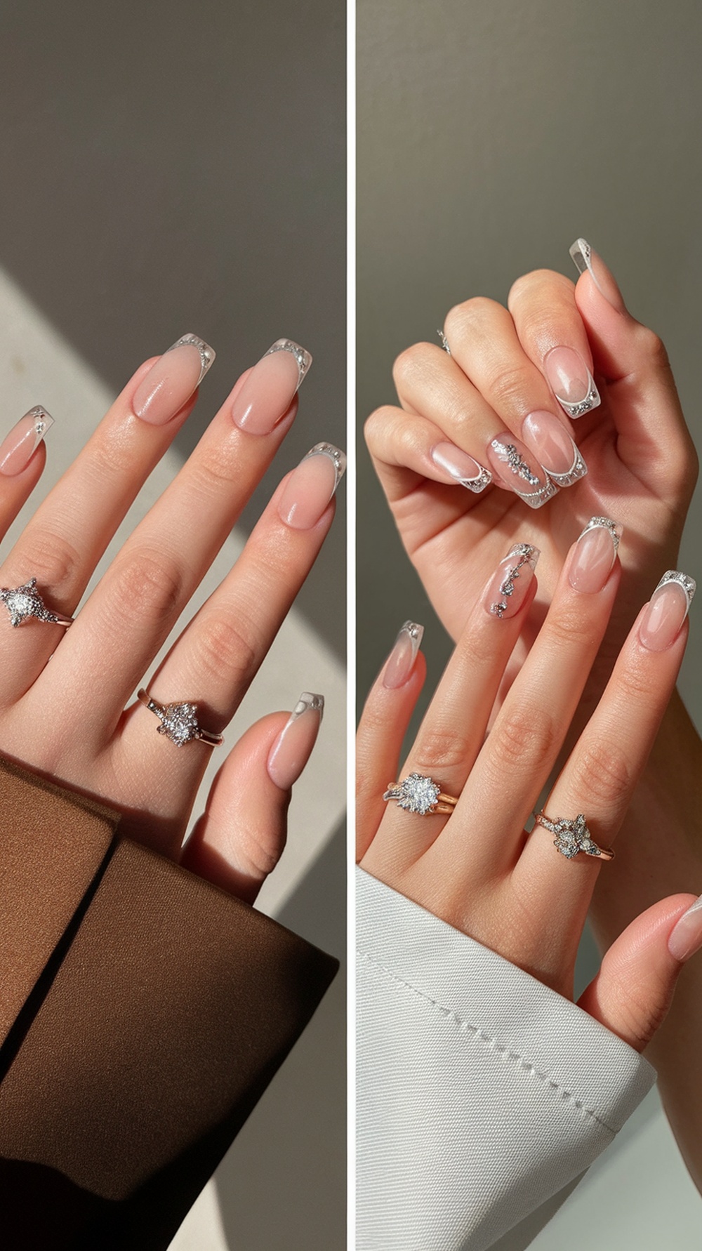 Two sets of hands with tapered square nails, one with a brown sleeve and the other with a white sleeve, showcasing elegant nail designs.