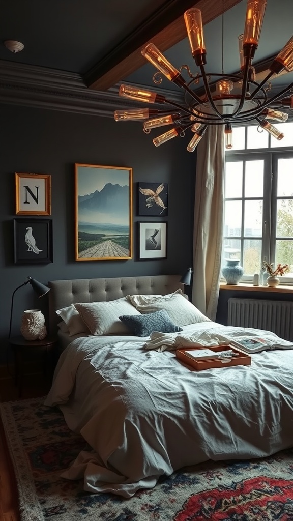 A cozy bedroom featuring a variety of framed art on dark walls, a comfortable bed with soft bedding, and warm lighting.