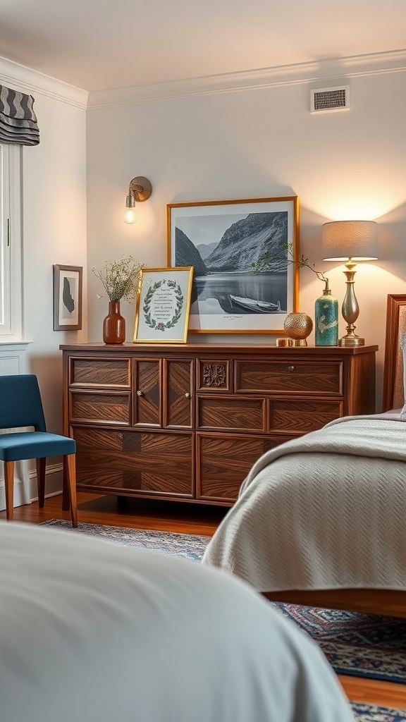 A cozy bedroom featuring a wooden dresser, blue chair, and decorative items on the dresser.