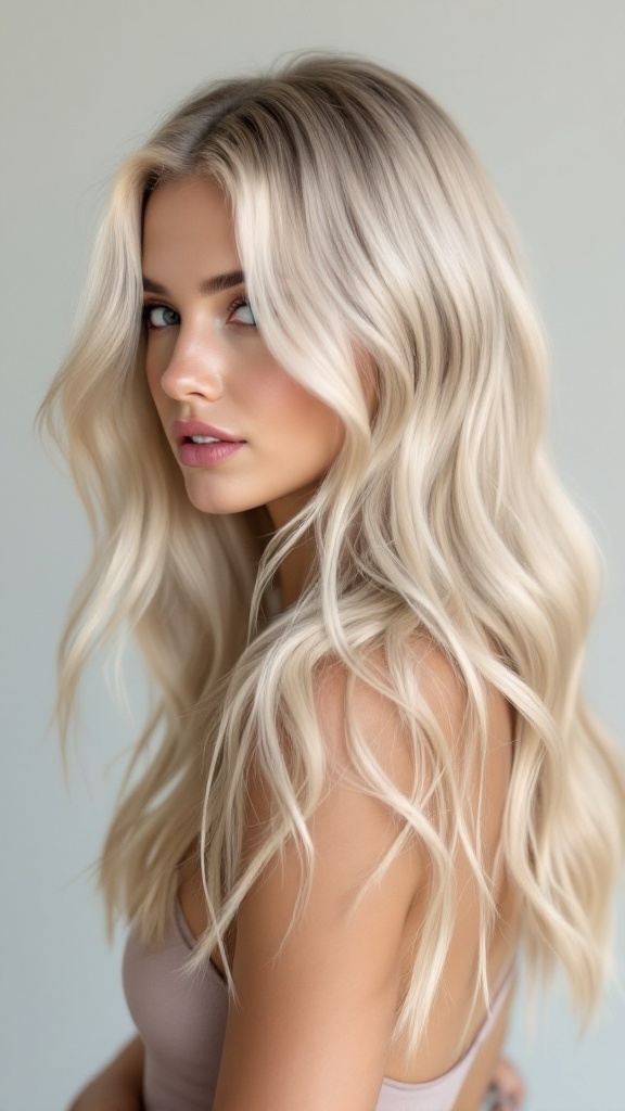 A model with long ash blonde balayage hair, styled in soft waves.