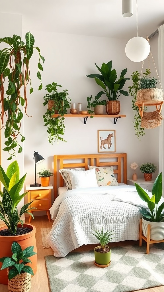 A cozy bedroom with various non-toxic house plants, showcasing a warm and inviting atmosphere.