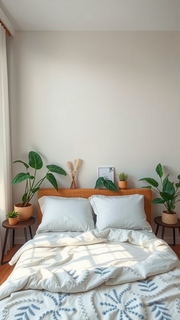 Cozy bedroom with plants on bedside tables and a neatly made bed.