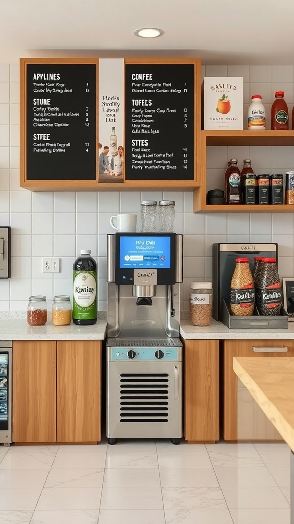 A stylish kitchen coffee station with a coffee machine, jars of coffee blends, and a chalkboard menu.