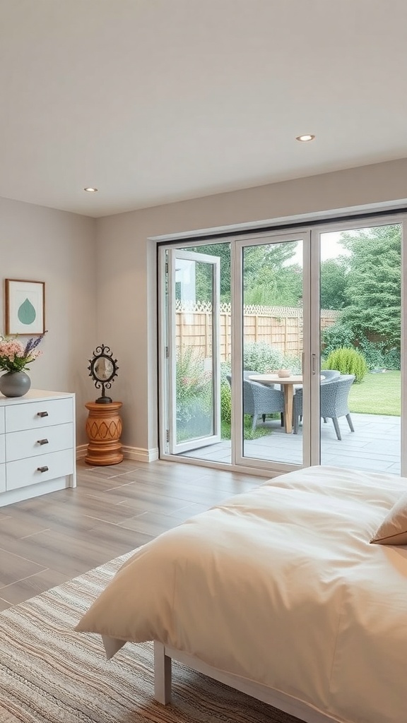 Interior view of a room with bi-fold doors leading to an outdoor patio.