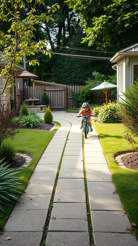 A child riding a bicycle on a stone path in a backyard surrounded by greenery.