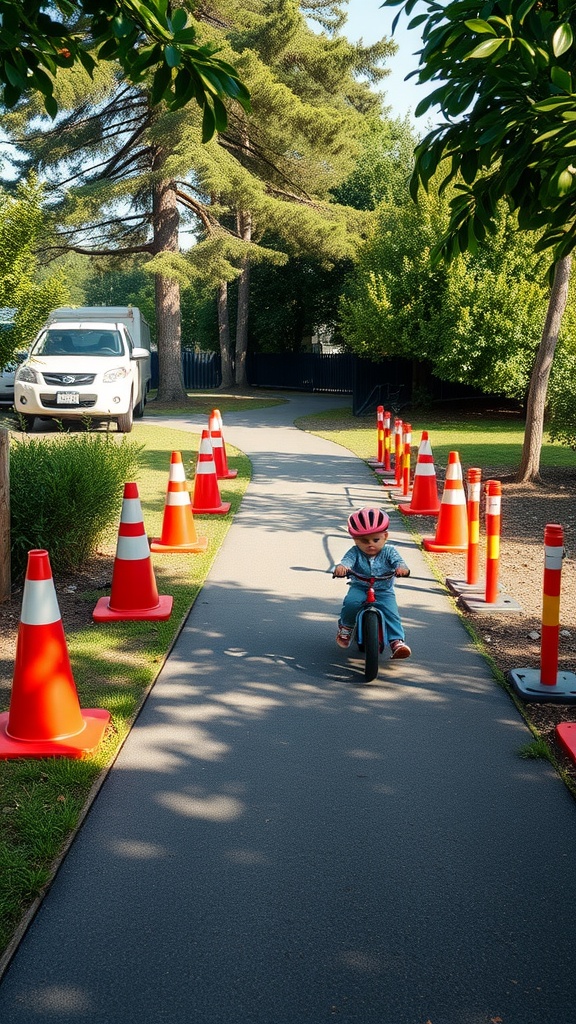 A toddler riding a balance bike along a path lined with traffic cones in an outdoor play area.
