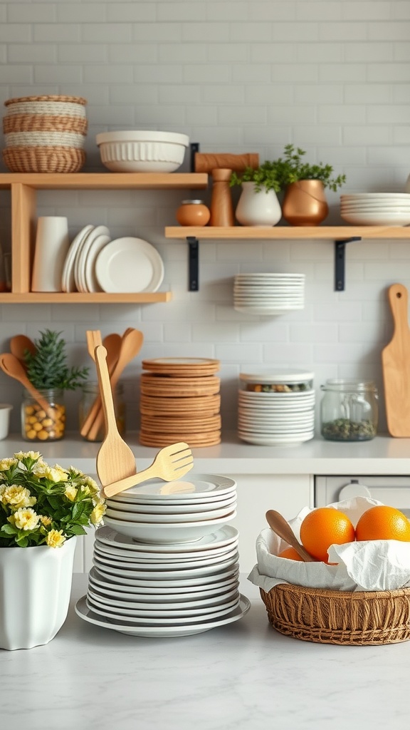 A modern kitchen with biodegradable supplies, featuring wooden utensils, ceramic dishes, and fresh oranges in a basket.