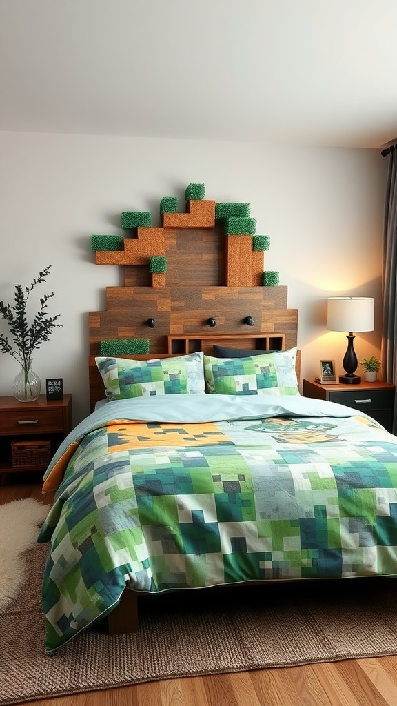 A Minecraft-themed bedroom featuring biome-inspired bedding with green and earthy tones.