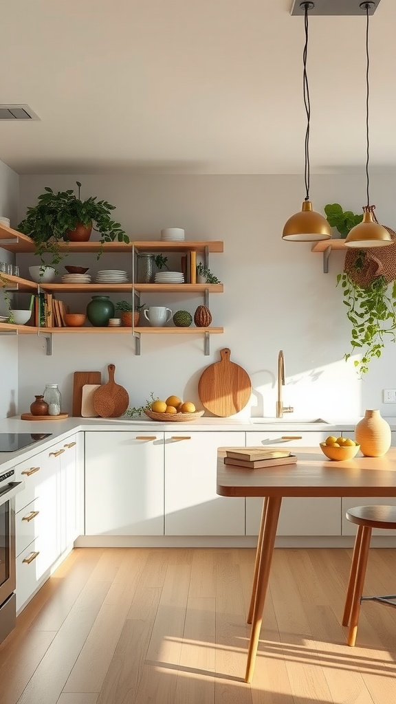 A bright kitchen with plants, wooden elements, and natural light
