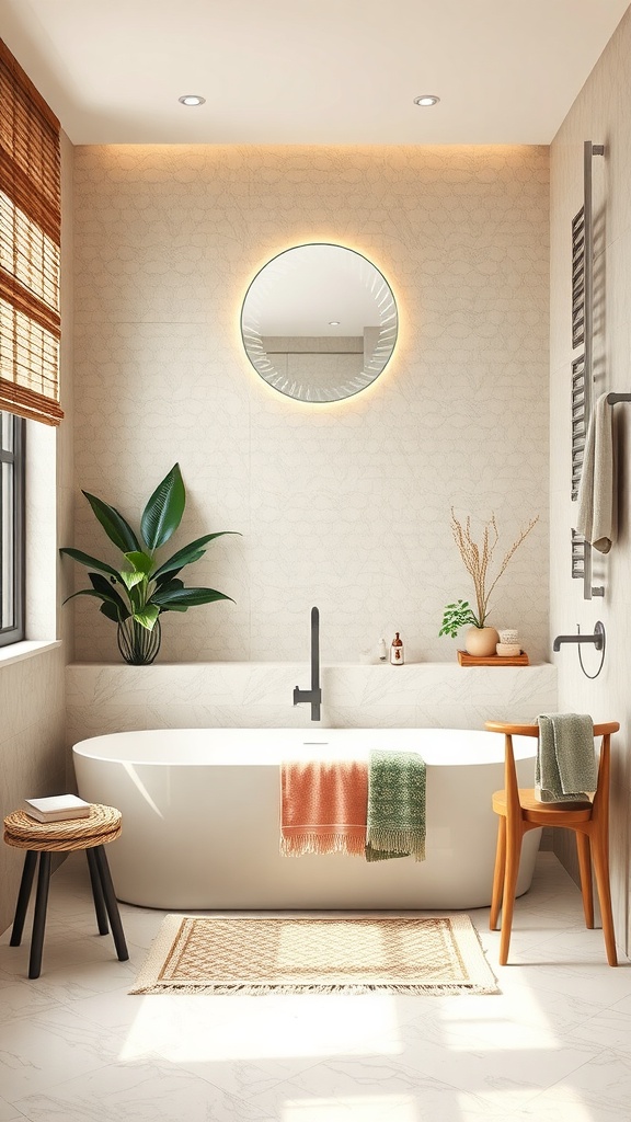 A modern bathroom featuring natural elements, including a large plant, a round mirror, and earthy tones.