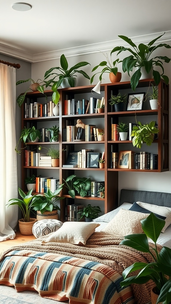 A cozy bedroom featuring a wooden bookshelf filled with books and various houseplants, complemented by a comfortable bed with textured pillows and a knitted blanket.