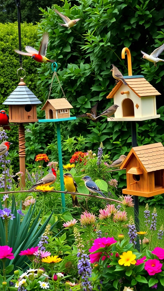 A colorful array of birdhouses and feeders surrounded by vibrant flowers in a garden.