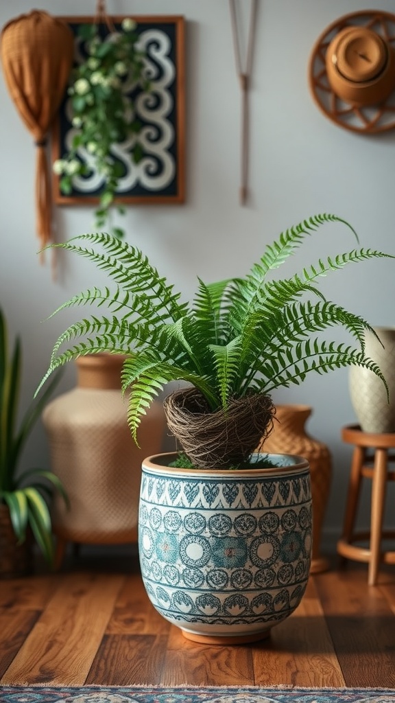 Bird's Nest Fern in a decorative pot, surrounded by natural decor elements