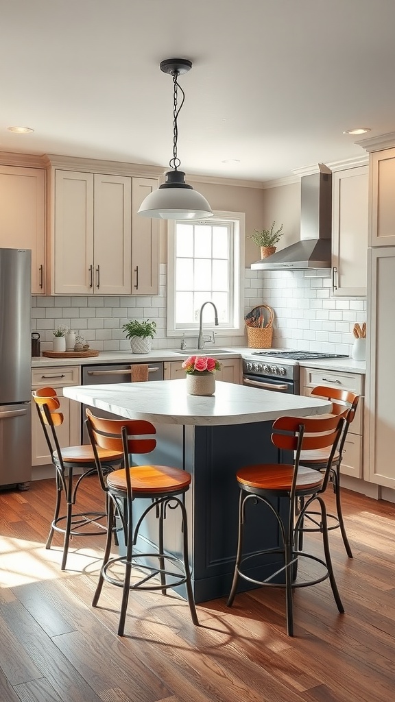 A stylish kitchen featuring a bistro-style island with cafe seating, showcasing a marble top and wooden stools.