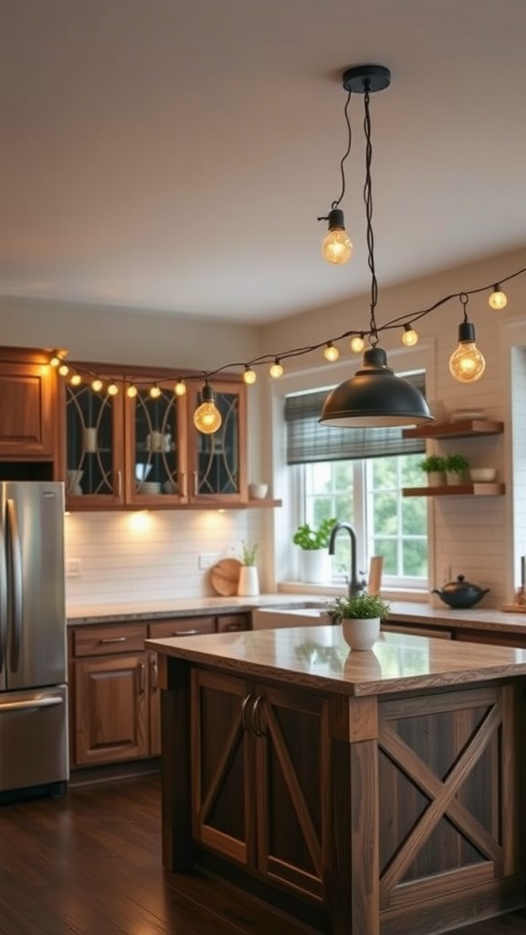 Cozy kitchen with bistro-style lighting over an island