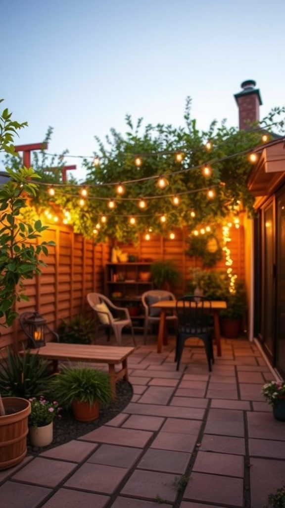 Small backyard with bistro lights and seating area