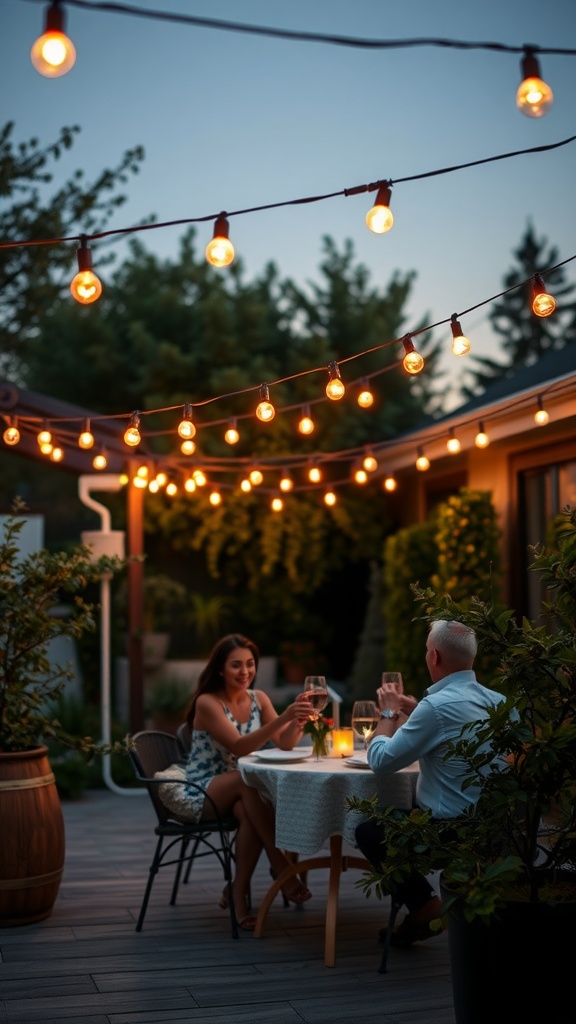 A romantic outdoor dinner setting with bistro lights and a couple enjoying a meal.