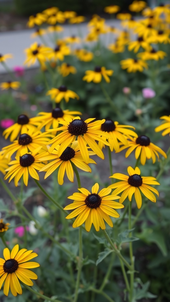 Bright yellow Black-eyed Susans with dark centers in a garden