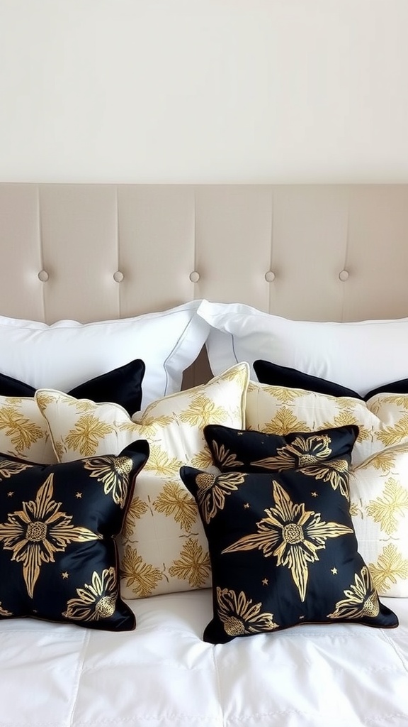A collection of black and gold accent pillows on a bed