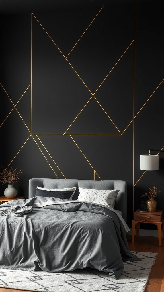 A modern bedroom featuring a black wall with geometric gold accents.