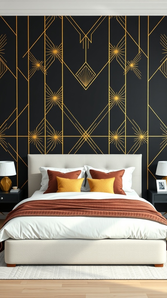 A stylish bedroom featuring a black accent wall with gold geometric patterns, complemented by a light-colored bed and warm-toned pillows.