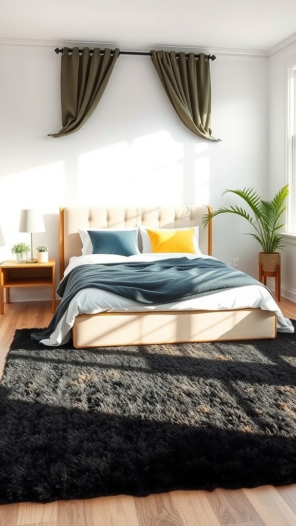 A cozy black area rug in a stylish bedroom with gold accents.