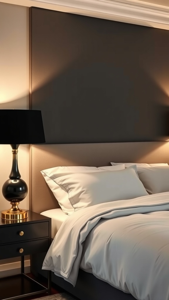A stylish black and gold bedside lamp on a dark nightstand next to a neatly made bed.