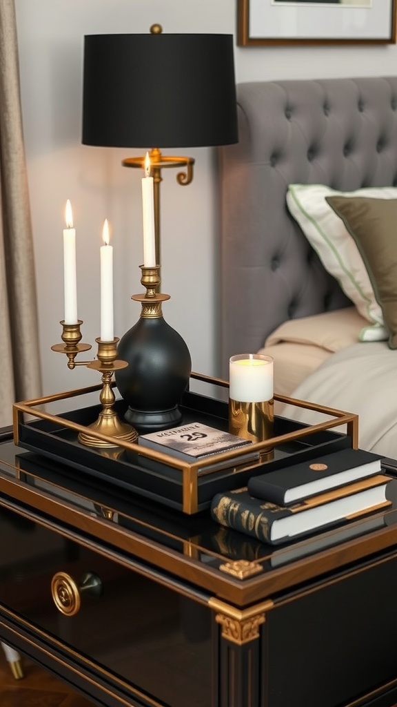 A black and gold decorative tray on a nightstand featuring candles, a lamp, and books.