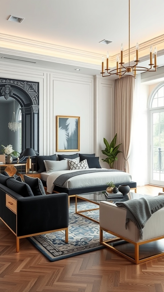 A stylish black living room with gold accents, featuring elegant furniture and a chandelier.