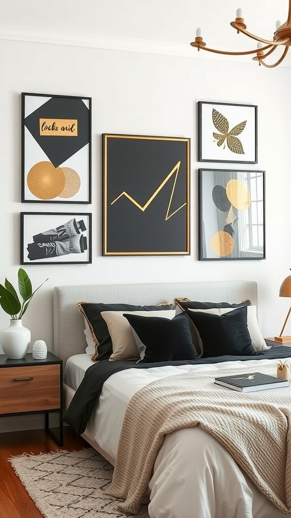 A stylish bedroom featuring black and gold themed artwork on the wall, with a cozy bed and modern decor.