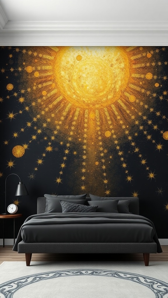 A bedroom with black and gold wallpaper featuring a radiant sun design.