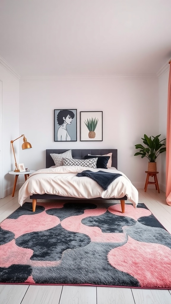 A stylish bedroom featuring a black and pink area rug.