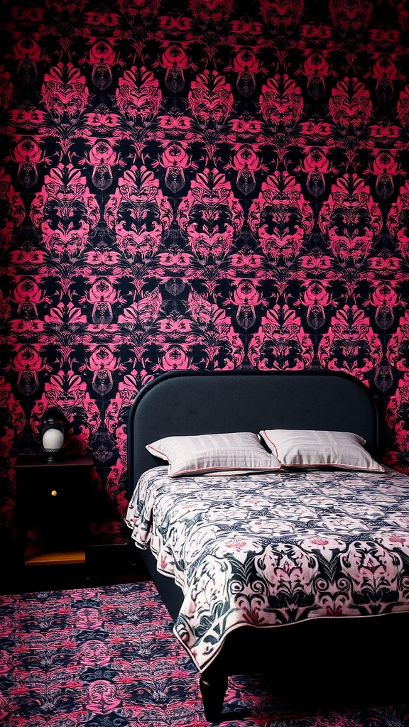 A bedroom with black and pink floral wallpaper, a black bed frame, and matching bedding.