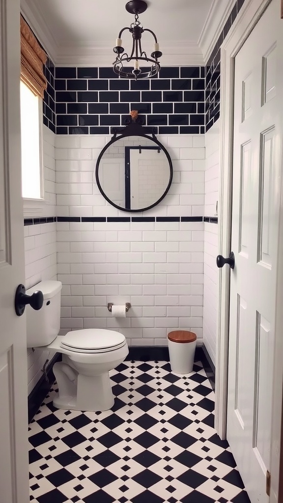 Small bathroom featuring black and white checkerboard floor tiles with modern fixtures