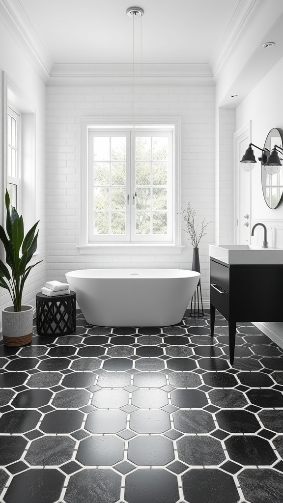 A modern bathroom featuring black and white octagonal tile flooring, a freestanding bathtub, and large windows.