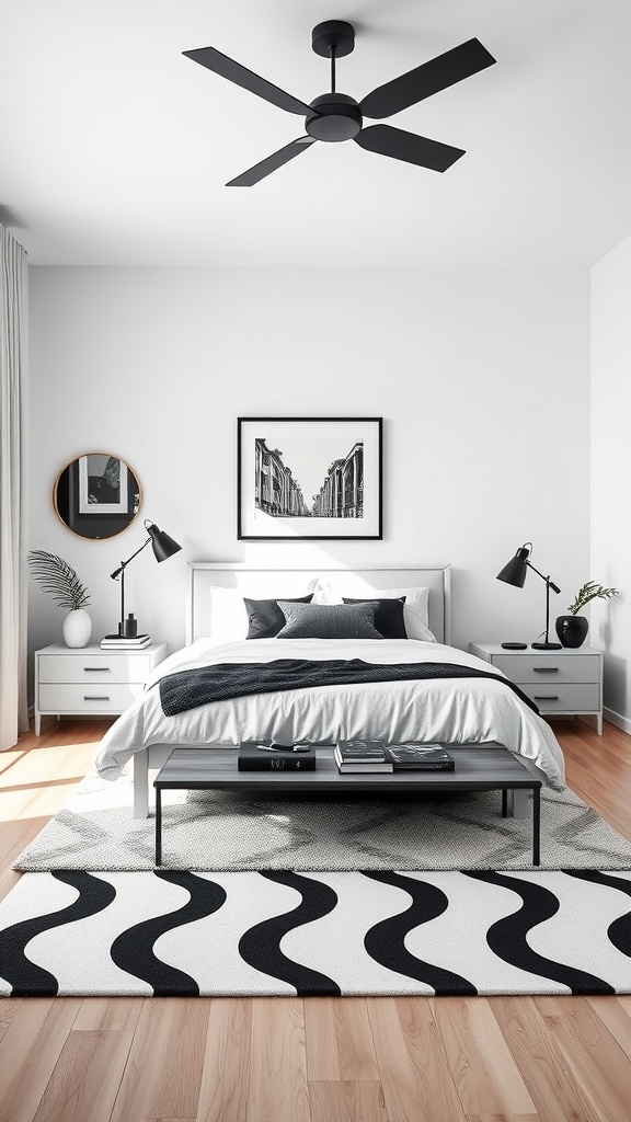 A monochrome bedroom featuring a black and white color scheme with a wavy rug, sleek furniture, and natural light.