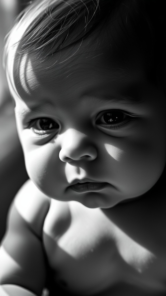 Close-up of a baby in black and white with soft light and shadows.