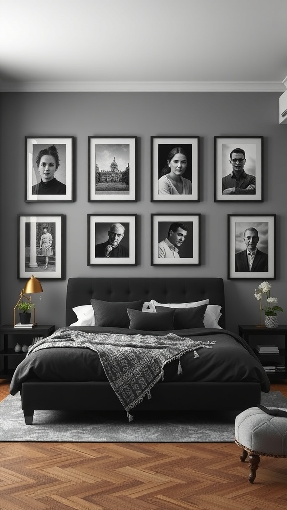 A goth bedroom featuring a bed with dark bedding and a wall adorned with black and white framed photographs.