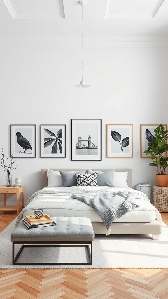 A cozy bedroom featuring a black and white photography display above the bed.