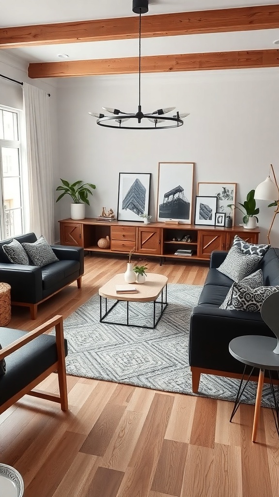 A modern living room featuring black sofas, wooden beams, and a geometric rug.