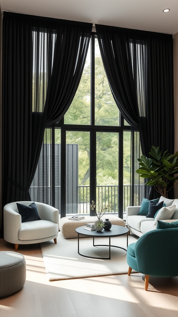 A stylish living room featuring large black curtains, light-colored furniture, and a modern coffee table.