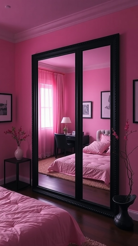 Pink bedroom with black framed mirrors and decor