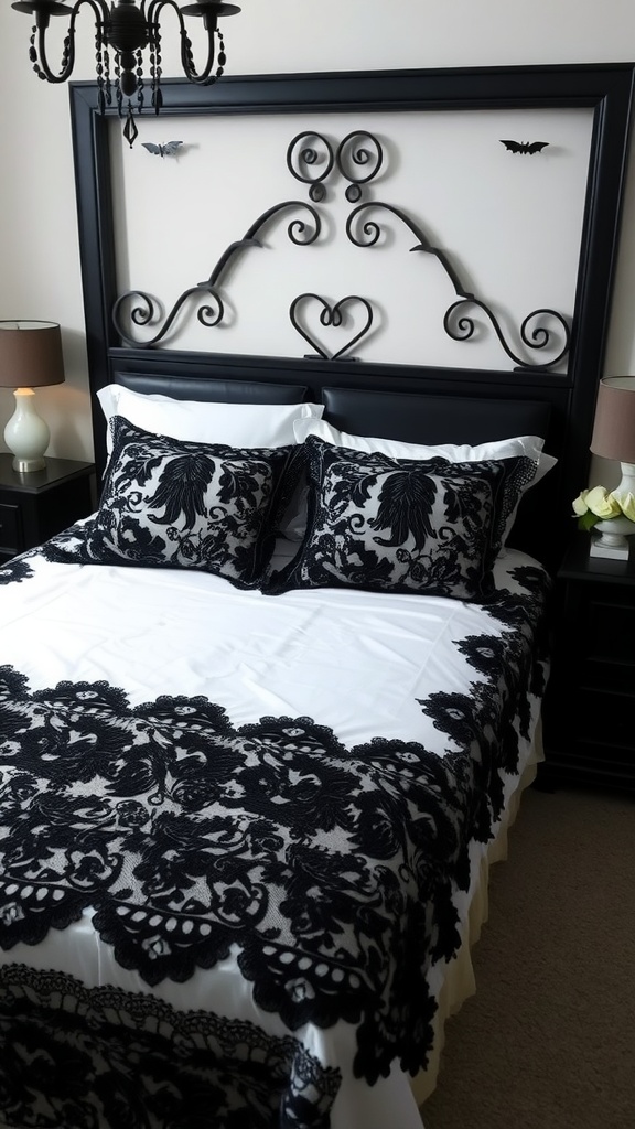 A goth bedroom featuring a black lace bedspread, decorative pillows, and a stylish headboard with intricate patterns.